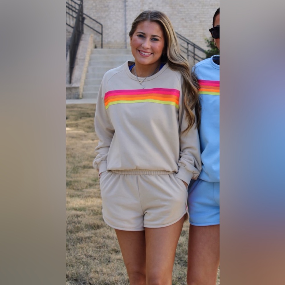 Beige Sweatshirt and Shorts Set with Rainbow Stripes